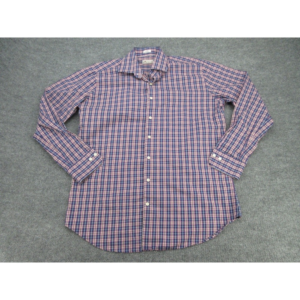 Peter Millar Mens Button Down Regular Navy Blue Plaid Cotton Shirt Large